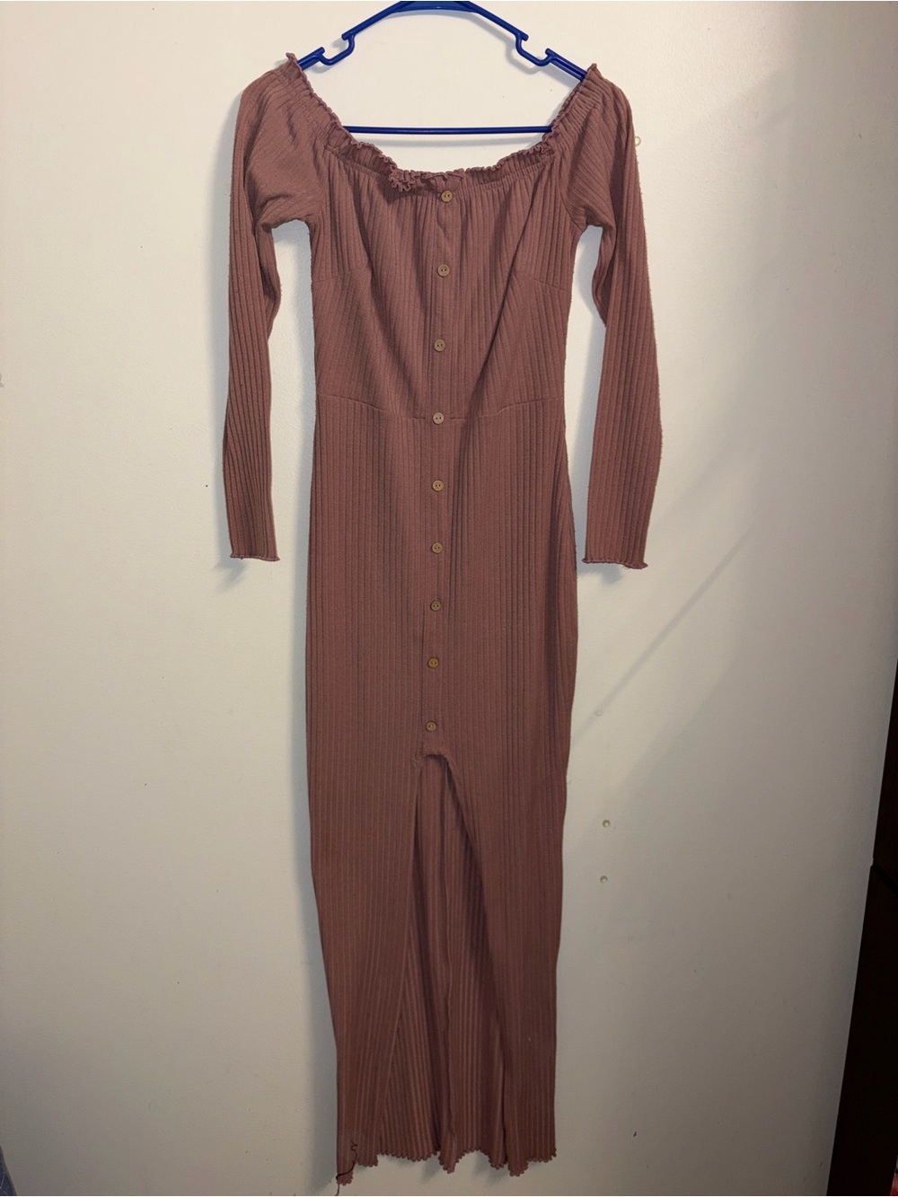 privy Ribbed Off-Shoulder Button-Front Maxi Dress - Mauve